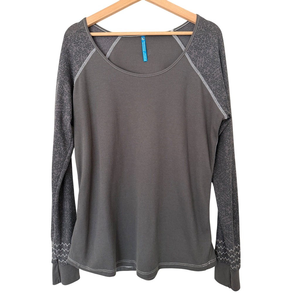 Kuhl Womens XL Grey Waffle Knit Thermal Top Patterned Raglan Long Sleeve USA